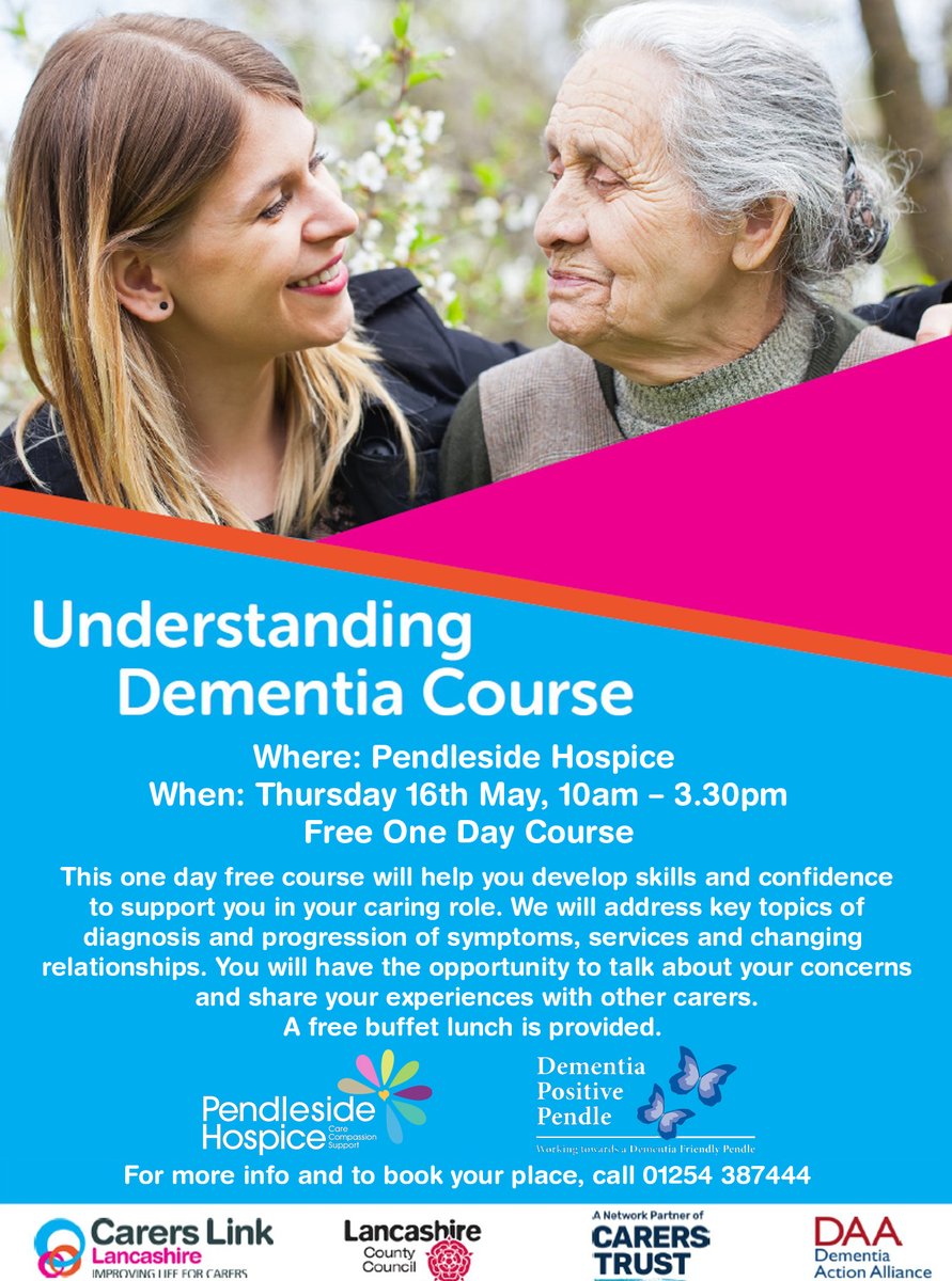 Would you benefit from understanding a bit more about Dementia? Anyone can attend our FREE Understanding Dementia Course on Thursday 16th May at Pendleside Hospice in association with Dementia Positive Pendle Email activities@carerslinklancashire.co.uk to book your free space.