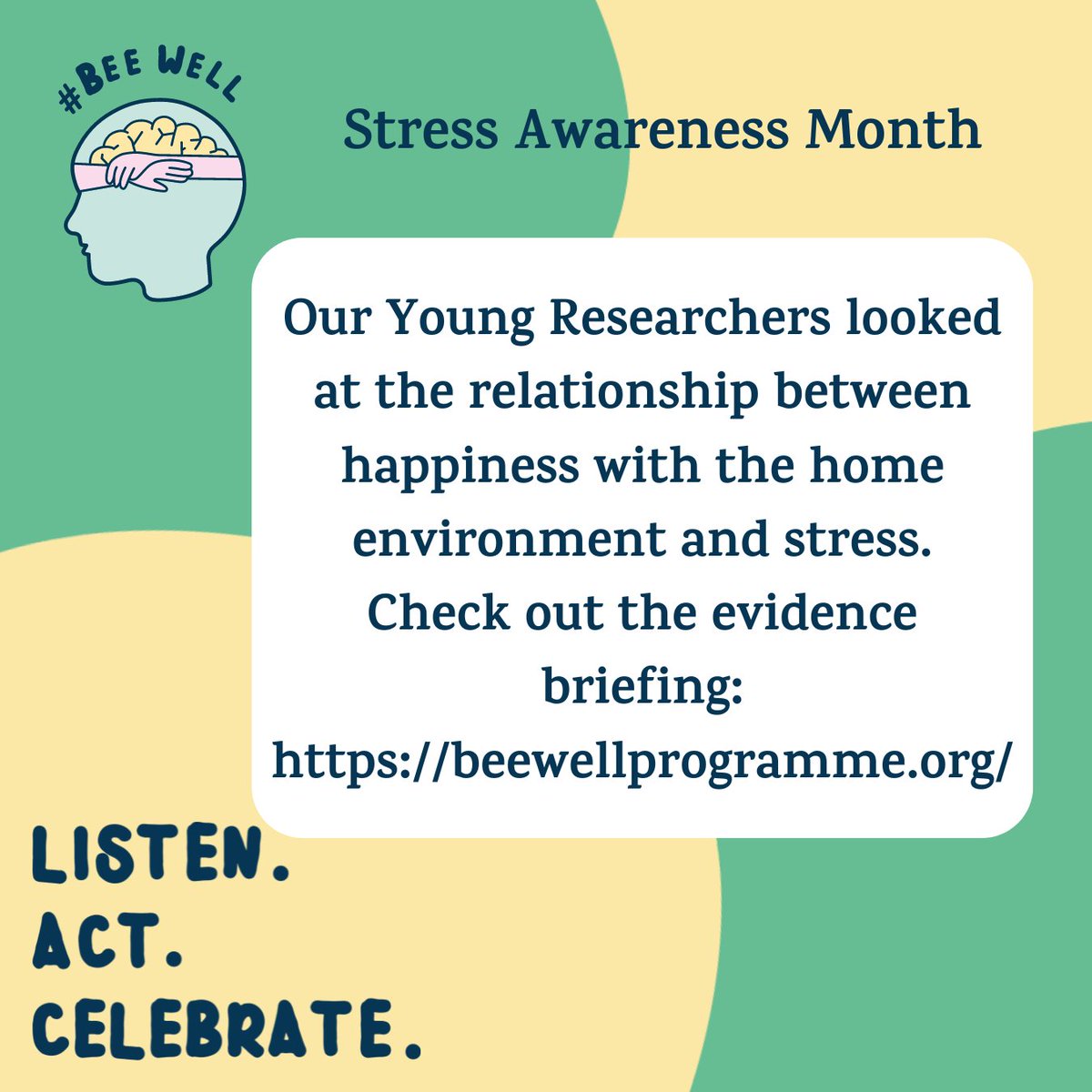 Discover the connection between home environment & stress and find out more on how our Young researchers utilised #BeeWell data to find this out. To explore the evidence briefing click here: bit.ly/3Wl4kNZ Let's Listen, Act and Celebrate! #StressAwarenessMonth