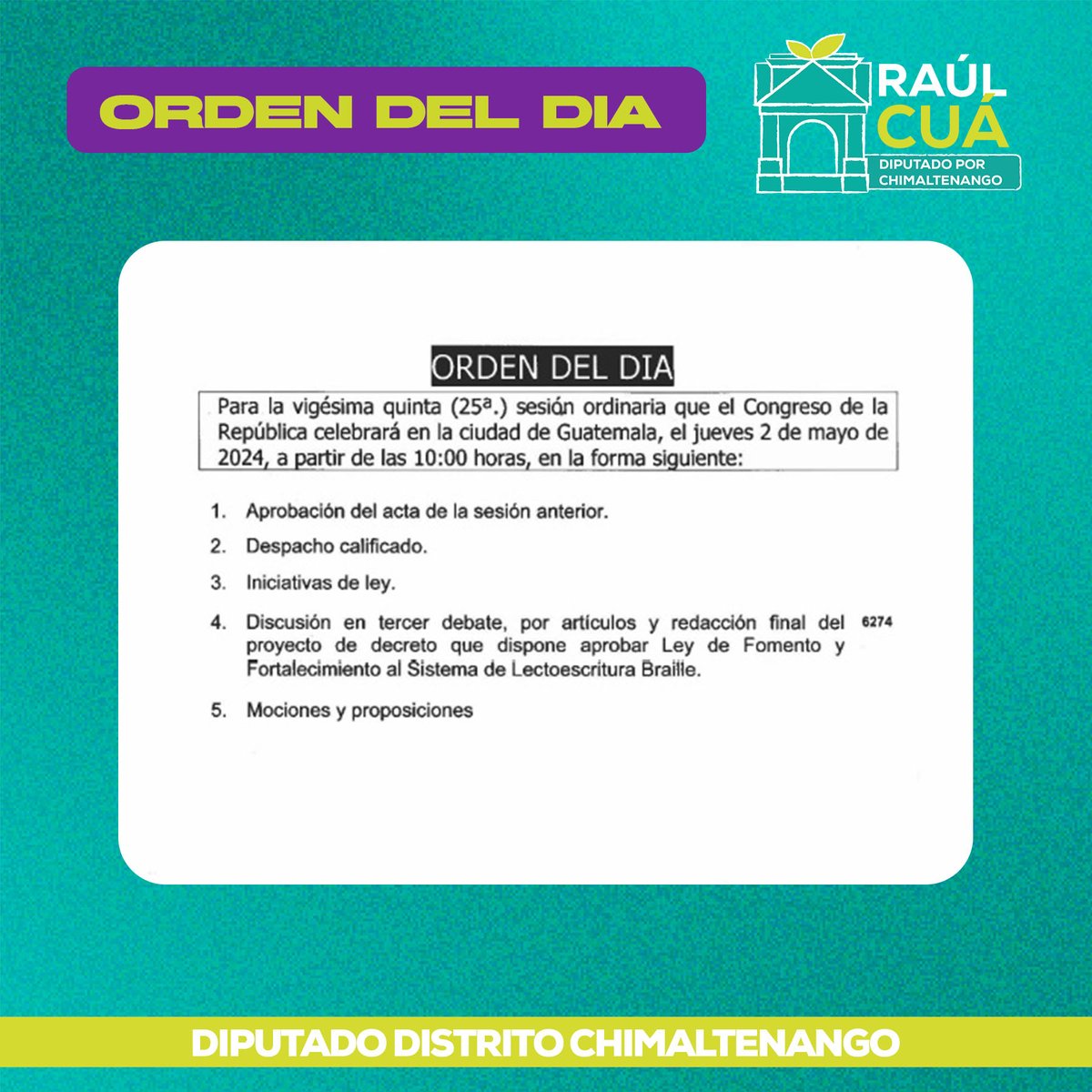 Les compartimos los proyectos de Orden del Día a desarrollar en las sesiones plenarias de la presente semana.

🏦#XLegislatura #CongresoGuatemala #Chimaltenango #TerritorioKaqchikel #BancadaSemilla #DiputadoRaúlCuá #CongresoGt