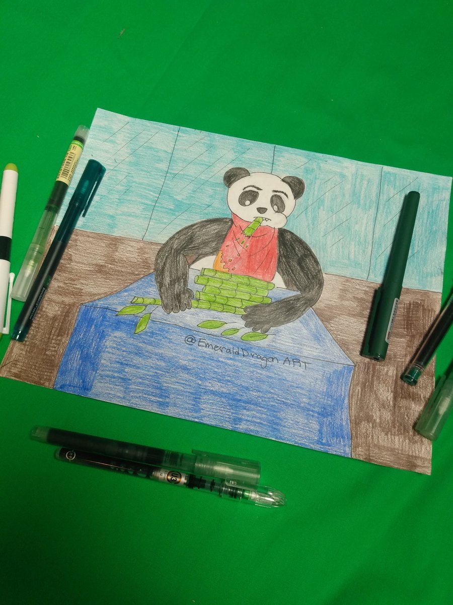 A panda enjoys his meal at a restaurant! #traditionalart #coloredpencils #art #pencils