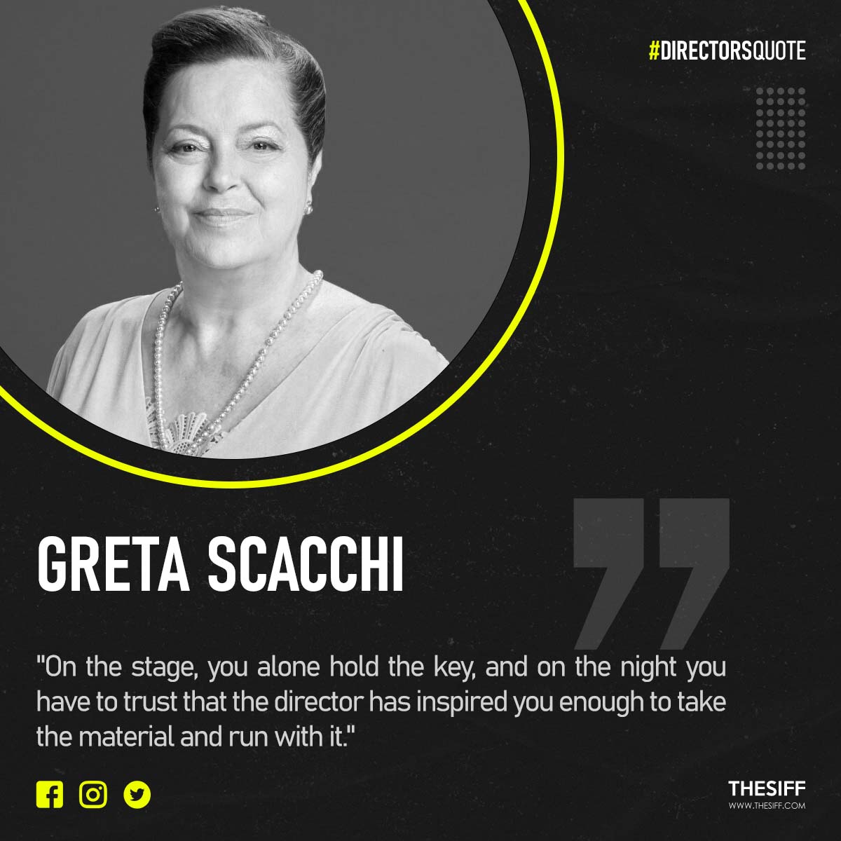 'On the stage, you alone hold the key, and on the night you have to trust that the director has inspired you enough to take the material and run with it.' - Greta Scacchi #DirectorsQuote #Quote #GretaScacchi #siff #siff2024 @Filmfreeway