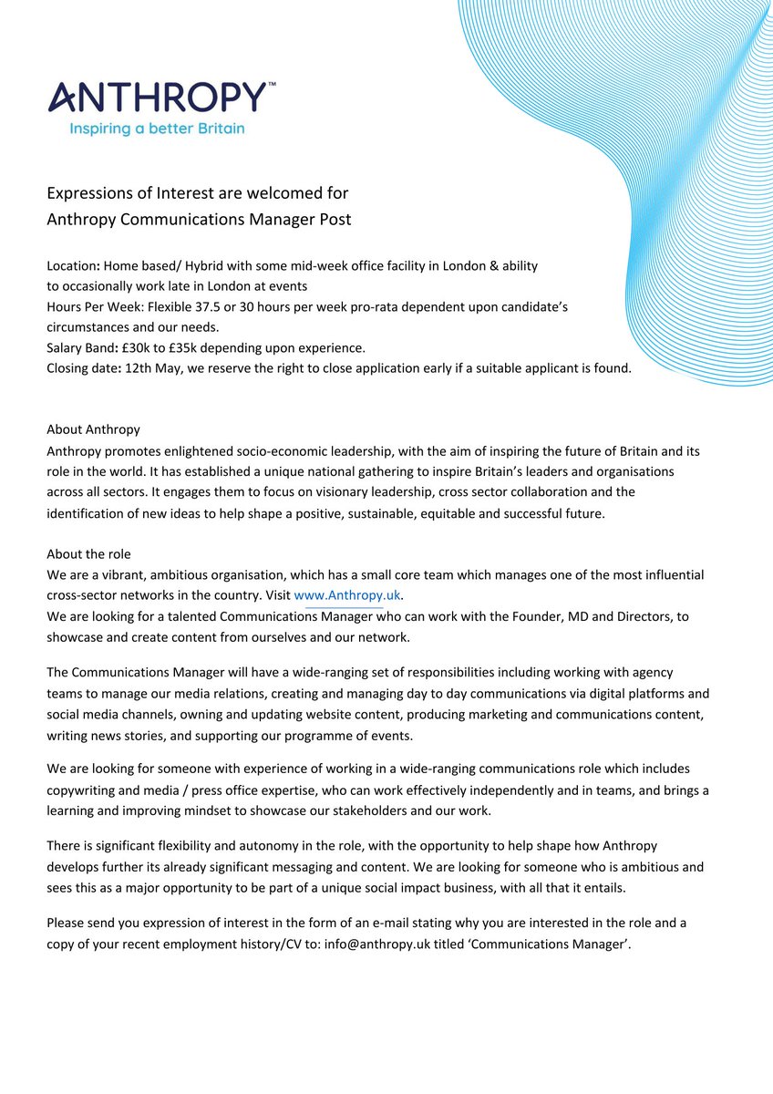 AnthropyUK's tweet image. Join the @AnthropyUK team! 

We have an exciting opportunity for an ambitious and talented #CommunicationsManager to be a part of the core @AnthropyUK team working with our Founder, MD and Directors.

Deadline for submission is the 12th of May 2024.

#JobVacancy #CommsManager