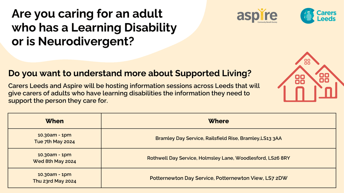 Our Carers Information Sessions with @CarersLeeds  begin in 1 week! 
We will be hosting information sessions across the city answering any questions about #SupportedLiving 

If you are an #UnpaidCarer book your place at your preferred session now by calling 0113 380 4300.