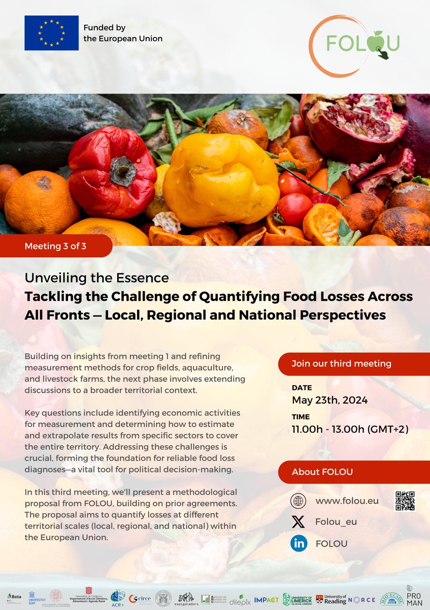 🌿Excited for our final #webinar: 'Quantifying #FoodLosses Across All Fronts' on May 23, 11h-13h (GMT+2)! 🔎Join us as we unveil our methodological proposal for quantifying losses across different territorial scales within the EU. 💡Register: folou.eu/events/tacklin… #FLWsisters