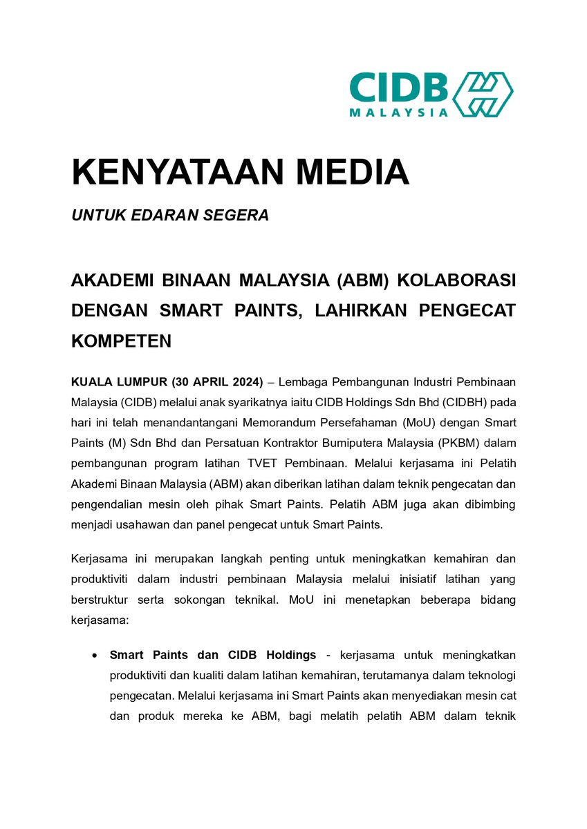 CIDBMALAYSIA's tweet photo. KENYATAAN MEDIA

CIDB Holdings Sdn Bhd menandatangani MoU dengan Smart Paints (M) Sdn Bhd dan PKBM untuk program latihan TVET Pembinaan. ABM akan dilatih dalam teknik pengecatan dan pengendalian mesin, serta dibimbing menjadi usahawan dan panel pengecat untuk Smart Paints. https://t.co/tYUR82Ls0j