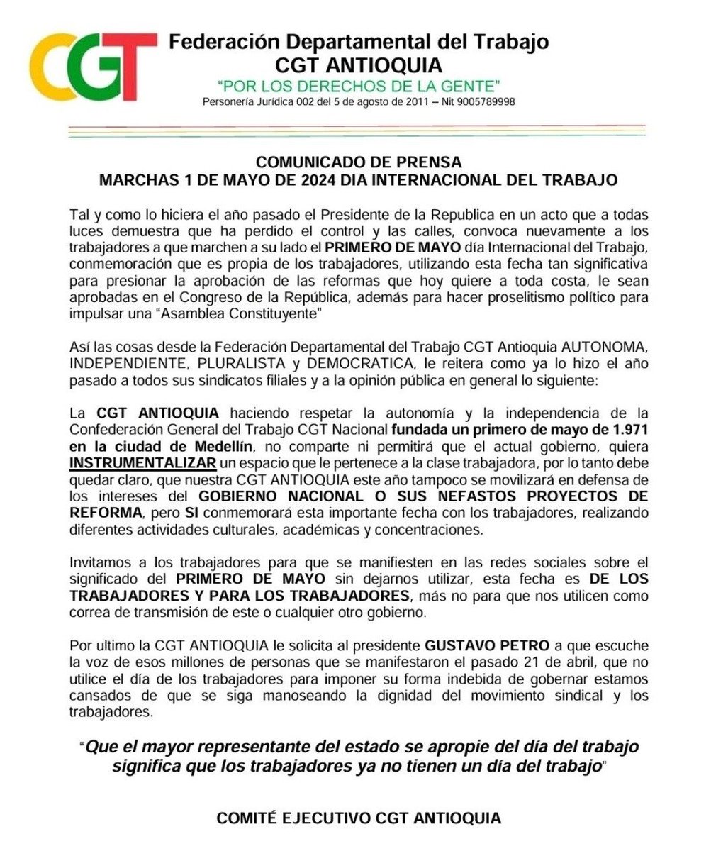 Como estaba anunciado desde hace una semana, la Federación Departamental del Trabajo CGT en Antioquia, no saldrán a marchar este miércoles en la movilización del primero de mayo. #MañanasBlu