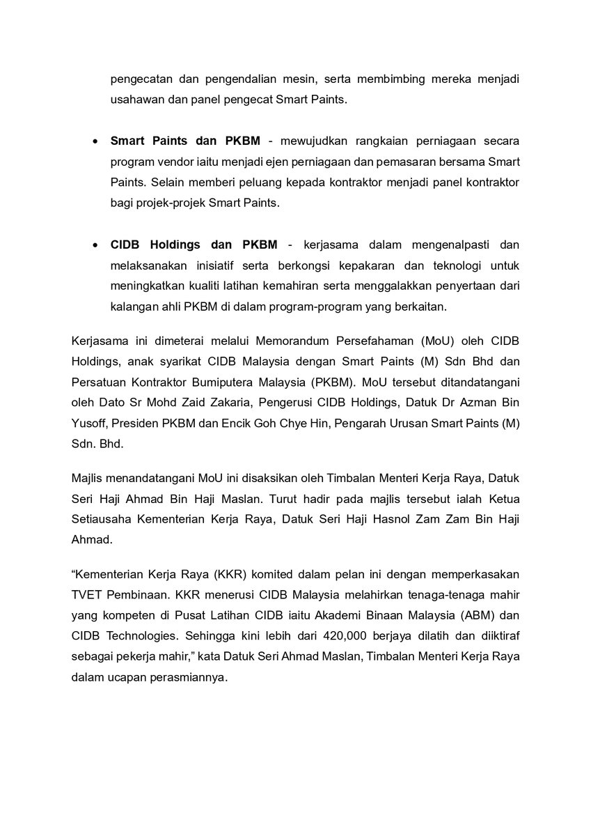 CIDBMALAYSIA's tweet photo. KENYATAAN MEDIA

CIDB Holdings Sdn Bhd menandatangani MoU dengan Smart Paints (M) Sdn Bhd dan PKBM untuk program latihan TVET Pembinaan. ABM akan dilatih dalam teknik pengecatan dan pengendalian mesin, serta dibimbing menjadi usahawan dan panel pengecat untuk Smart Paints. https://t.co/tYUR82Ls0j