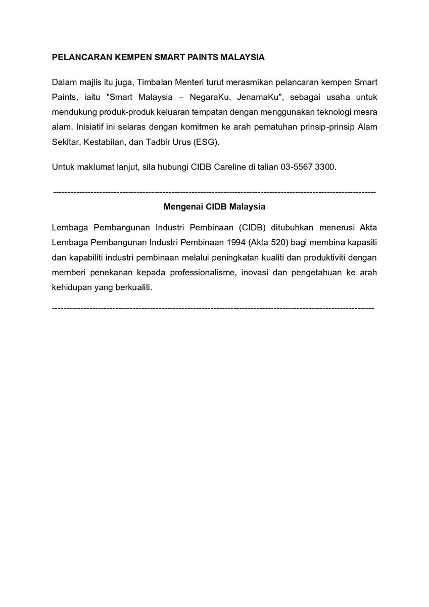 CIDBMALAYSIA's tweet photo. KENYATAAN MEDIA

CIDB Holdings Sdn Bhd menandatangani MoU dengan Smart Paints (M) Sdn Bhd dan PKBM untuk program latihan TVET Pembinaan. ABM akan dilatih dalam teknik pengecatan dan pengendalian mesin, serta dibimbing menjadi usahawan dan panel pengecat untuk Smart Paints. https://t.co/tYUR82Ls0j