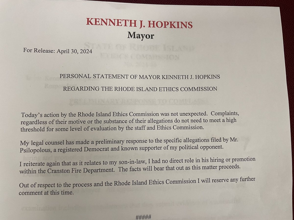 Cranston Mayor ⁦@MayorKenHopkins⁩ issues statement in response to ethics complaint, saying, 'I had no direct role' in the hiring or promotion of his son-in-law in the Cranston Fire Department. 'The facts will bear that out as this matter proceeds.'