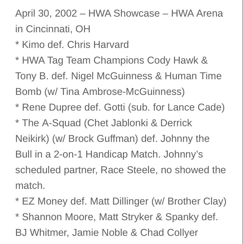 Today in @HWAOnline history

As mentioned on the @BTSheetsPod this week

2002 in Cincinnati, OH feat. @CodyFnHawk @McGuinnessNigel @TheShannonBrand @chadcollyer @BROCKGUFFMAN + Kimo, Rene Dupree, EZ Money and more!

Full results: