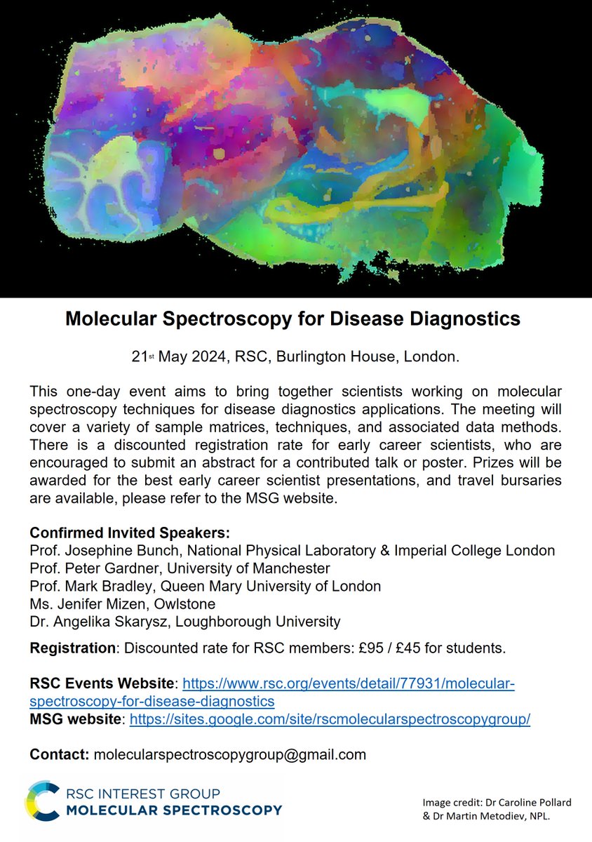 There is still time to register for our 1 day meeting #diagnostics #spectroscopy Join us in London on 21st May for a fantastic line up of speakers: rsc.org/events/detail/… Please share @clirspec @OwlstoneMedical @BioSpecNet @bmss_official @SocAppSpec