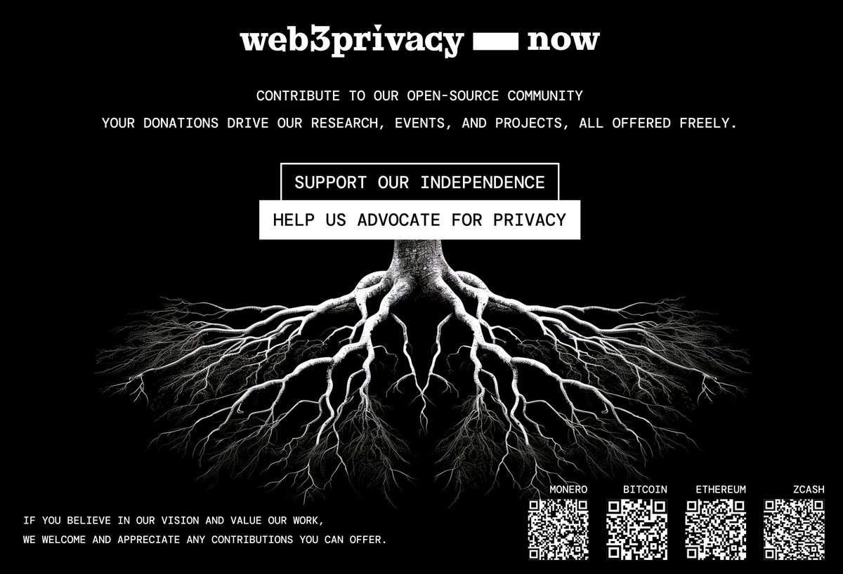 SUPPORT COMMUNAL, OPEN SOURCE & NON-PROFIT SPRINT TO ADVOCATE 4 PRIVACY → docs.web3privacy.info/donate/ All our research, knowledge, events, and tools are freely offered, powered by voluntary contributions and donations.