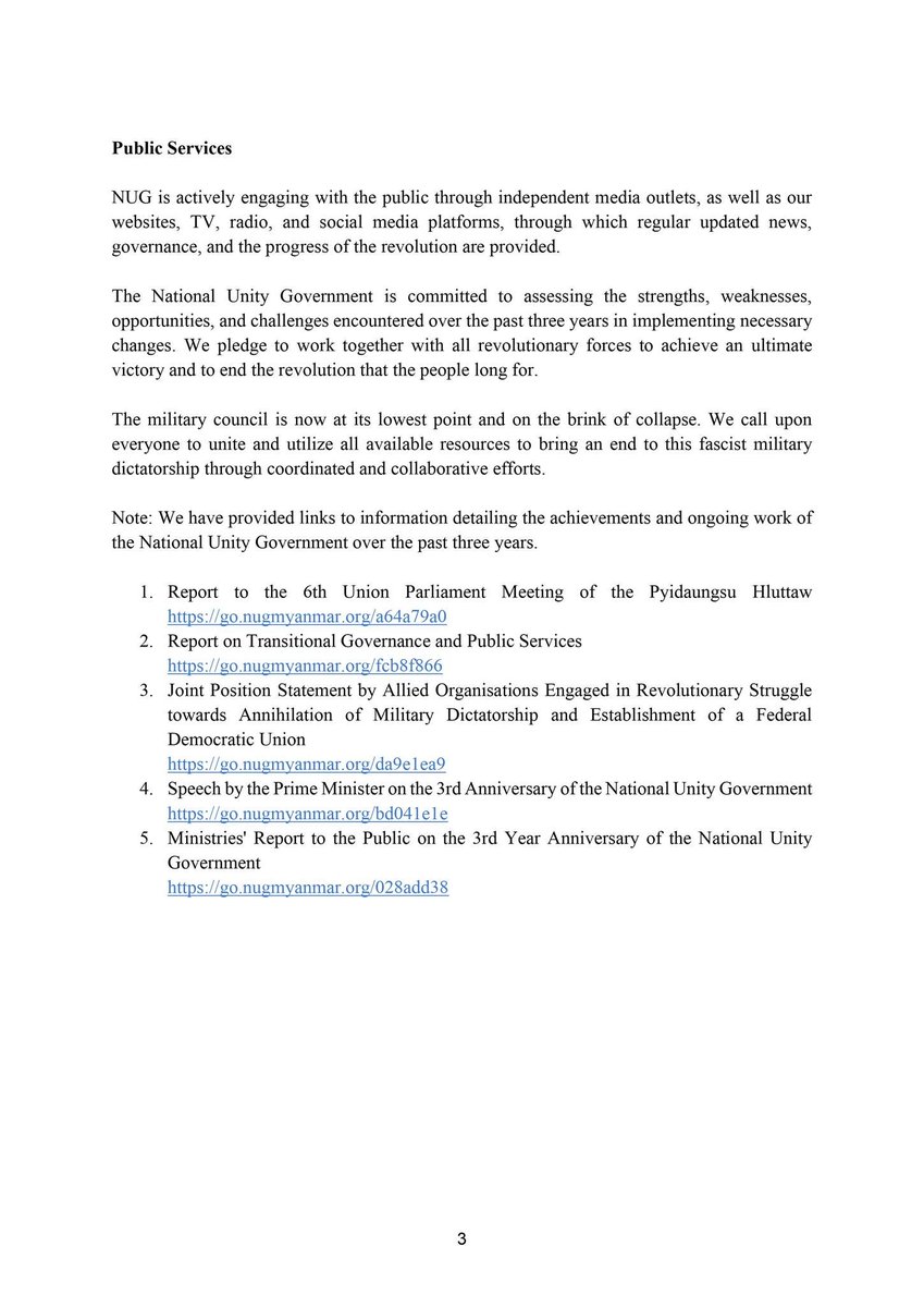 Updated version of the National Unity Government’s 3-Year Anniversary Statement nugmyanmar.org 30th April 2024 The Republic of the Union of Myanmar #WhatsHappeningInMyanmar