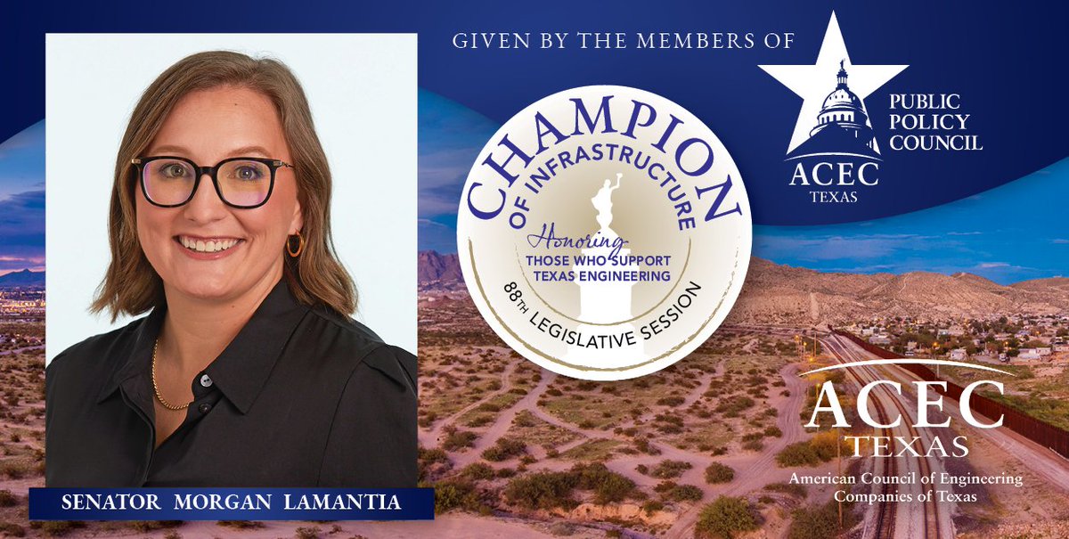 In her first session in the #txlege, @lamantia4texas worked on multiple complex legislative issues. She authored vital liability legislation for #TX #engineering firms, & we are honored to recognize her as an @acectx Champion of Infrastructure! Read more: acectx.site-ym.com/page/88thChamp…