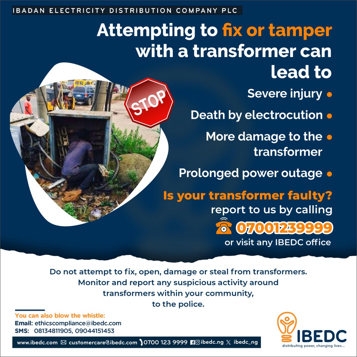 Stay safe! Report all faulty electrical installations to us, call 07001239999. #ibedc #staysafe #safetyfirst #safetyalways #distributingpower #changinglives