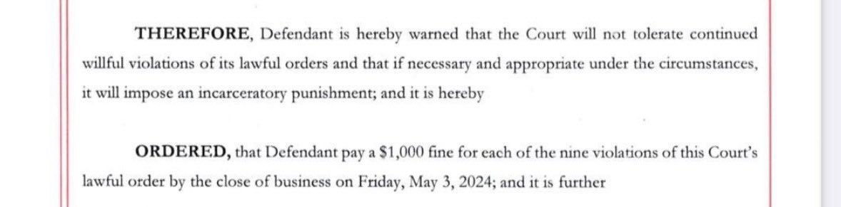 👀👀👀👀👀 (Before anyone asks, $1,000 per instance is the max fine. That’s why Merchan is telling him he could go to jail if he does it again)