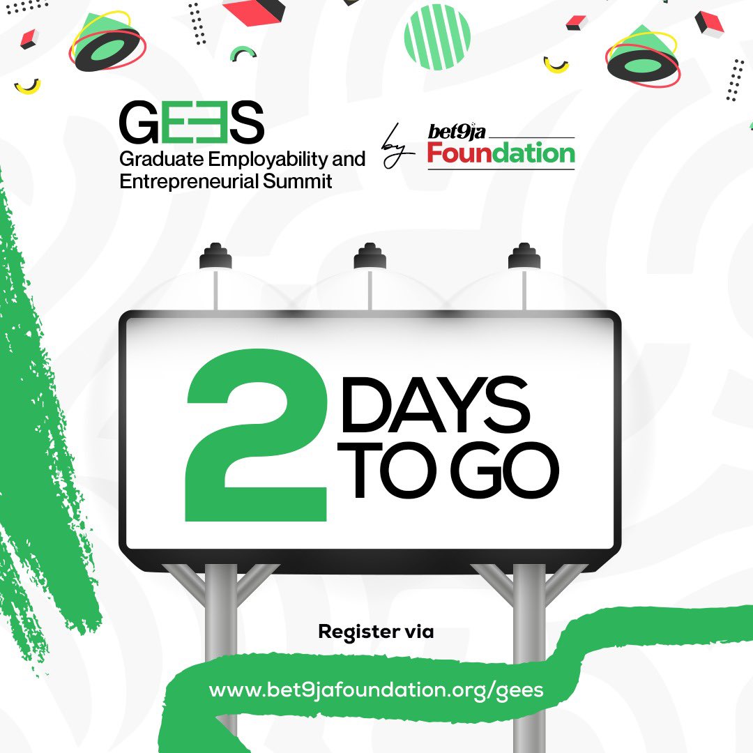 3 Keynote sessions 
2 Panel sessions. 

We can’t wait to have you at GEES 2024🔥

Visit bet9jafoundation.org/gees.php to get started. 

🗓️2nd of May, 2024 
🕘 9AM
🏠The Zone, Plot 9, Gbagada Industrial Scheme, Lagos.

#Bet9jaFDNGees #TransformingLives