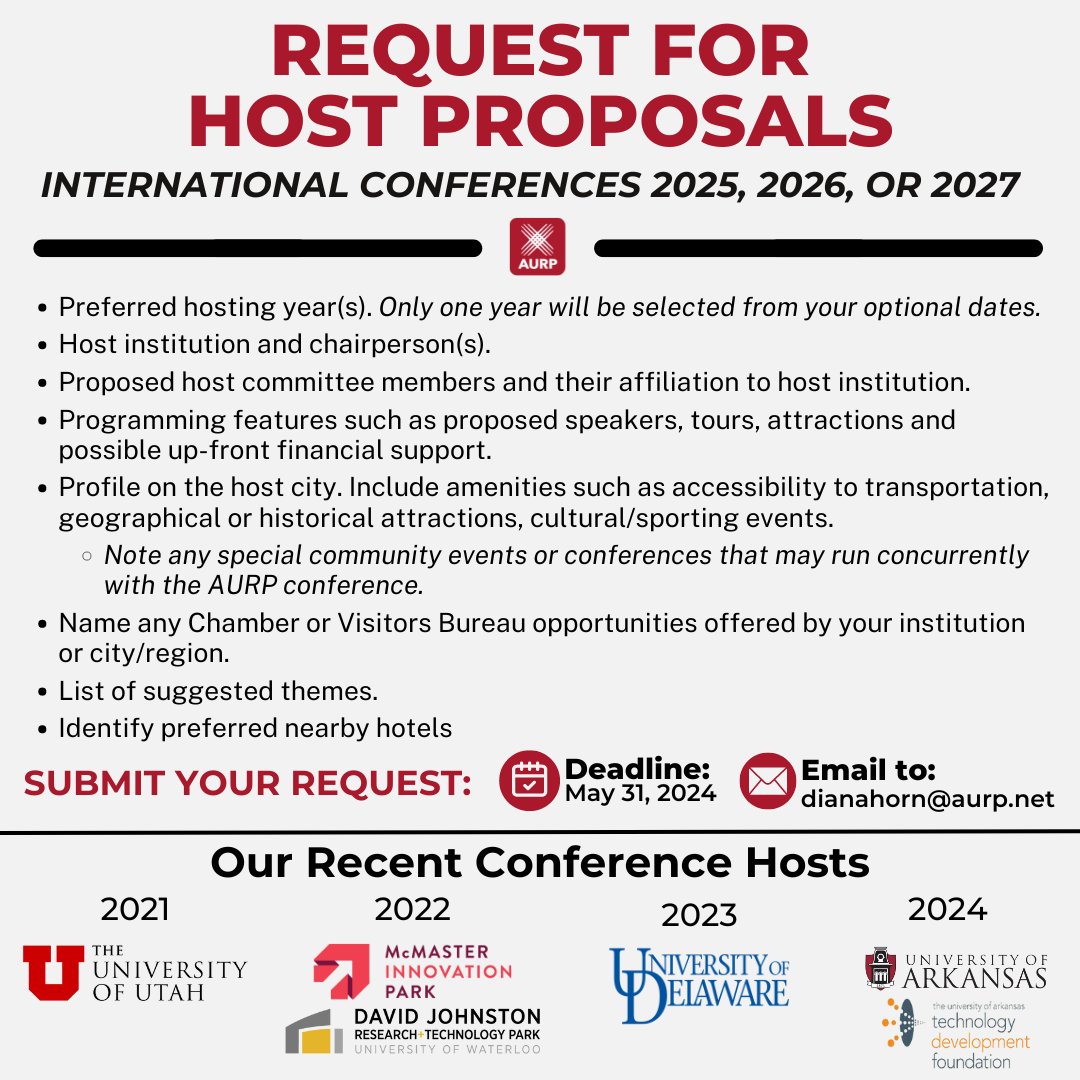 #AURPinAction: Host AURP's 2025-2027 International Conference, spotlighting your city's innovation ecosystem & gaining global recognition. Submit proposals via email by May 31 to Diana Horn. Don't miss this chance to shine! #AURP2024 #ResearchParks #buildingtheAURPnetwork