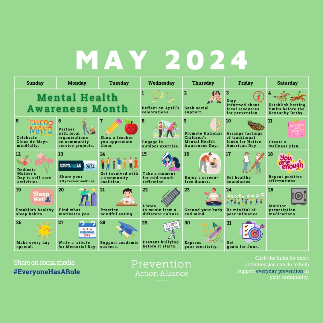 Start Mental Health Month strong with our May 2024 Prevention Calendar! 🧠

Join us in daily activities tailored to nurture mental wellness throughout #MentalHealthMonth. 🌱

Explore the resources now: ow.ly/6CH550QJSWn