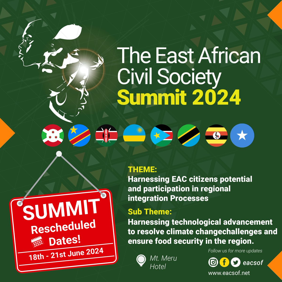 📢 Important Update 📢 The East African Civil Society Summit 2024 has new dates! 🗓️ Originally set for 4th - 7th June, it's now happening from 18th - 21st June. We apologize for any inconvenience caused but believe this change will lead to a more successful event.