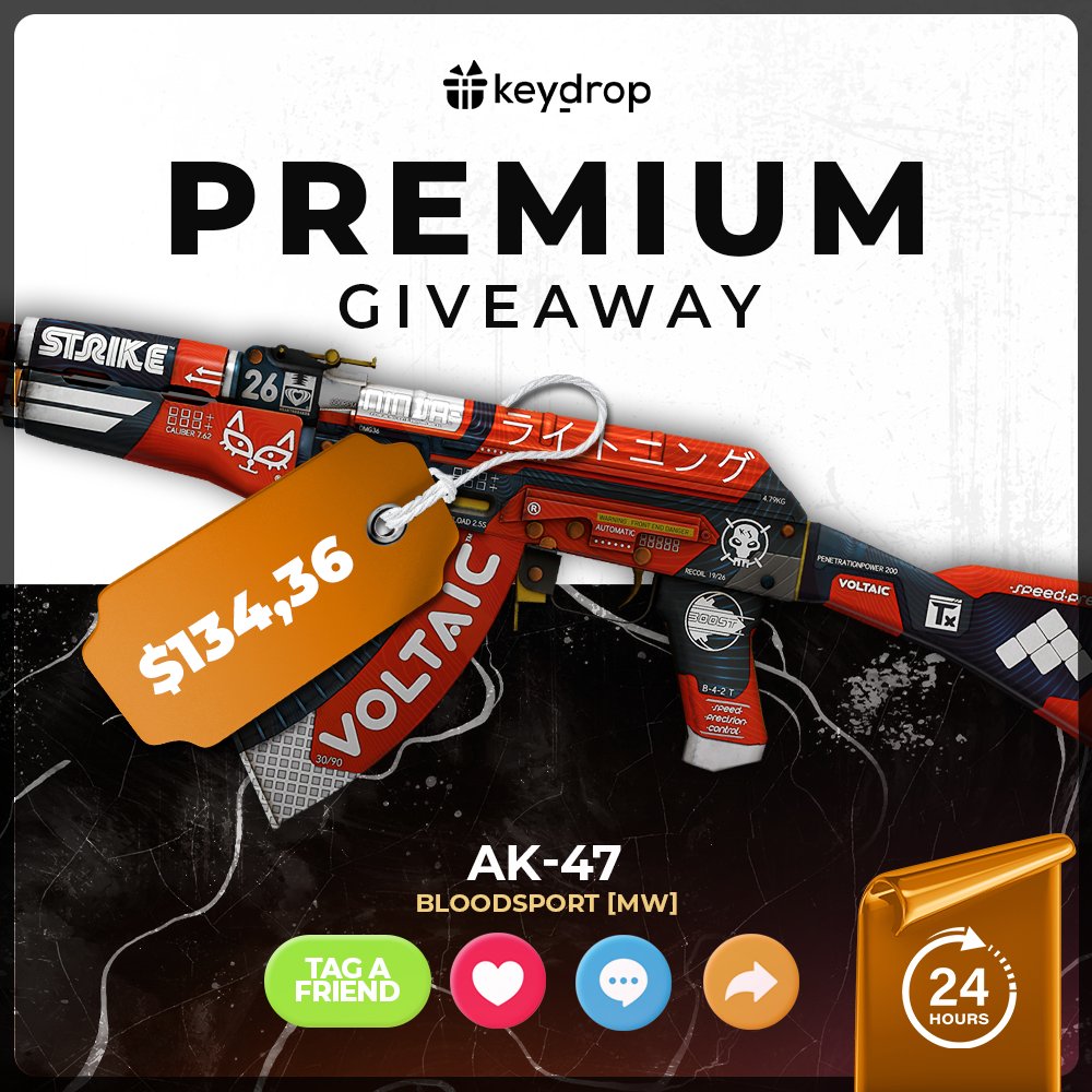 Win AK-47 | Bloodsport MW in JUST 3 clicks!🏆

👊 Like ❤️ the post!
🔁 Retweet! 
👥 Tag a Friend! 

⏰ Wait 24 hours! 

*Make sure you follow us 

#giveaways #signfree #freegiveaways #keydropcom