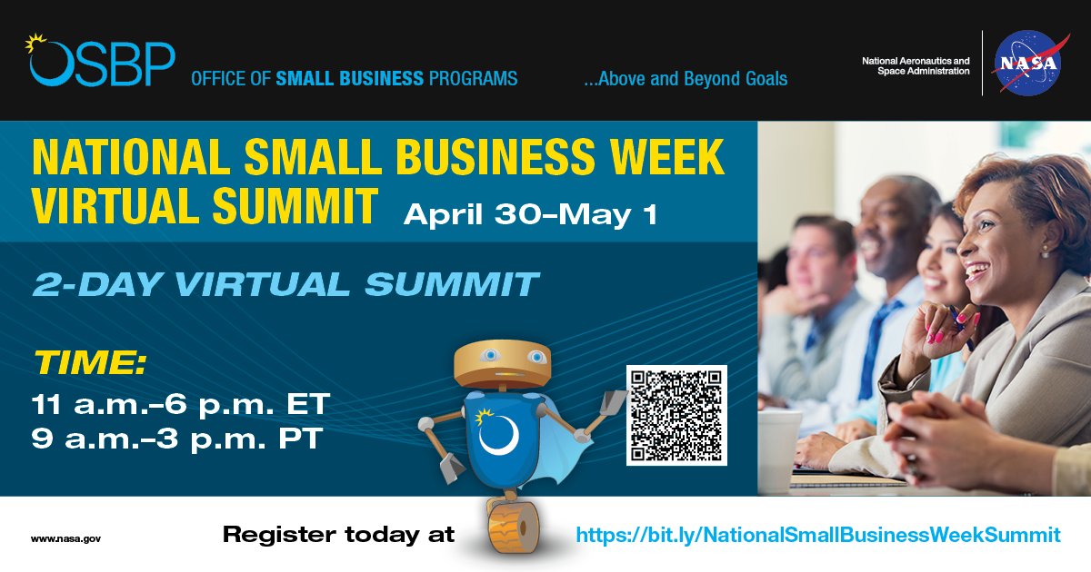 Starting NOW!!!  Join @NASA_OSBP & thousands of small #businessowners at @SBAgov and @SCOREMentors FREE Virtual Summit in honor of National #SmallBusinessWeek! #SmallBiz 

There's still time to register... bit.ly/NationalSmallB…