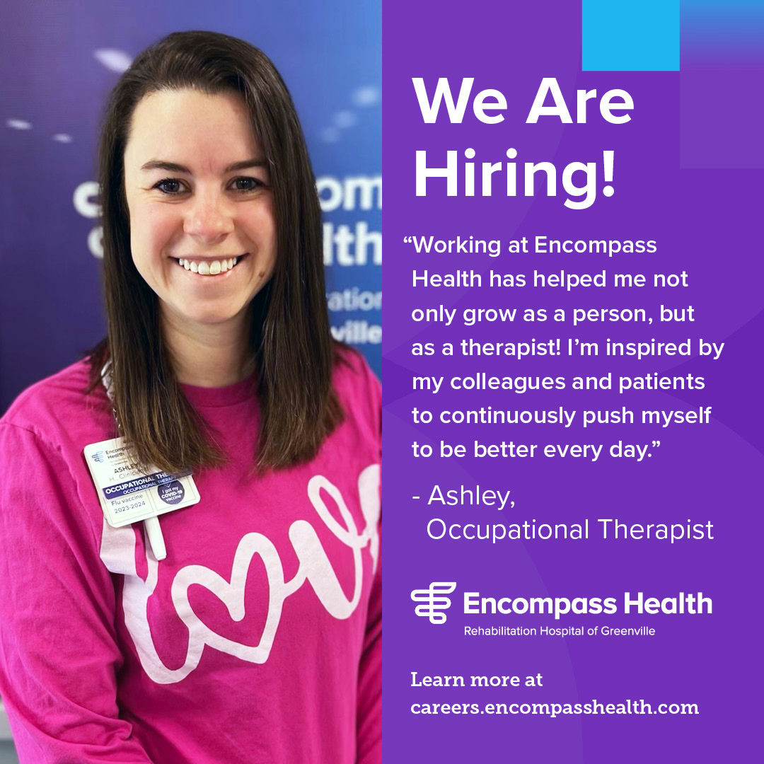 'Working at Encompass Health has helped me not only grow as a person, but as a therapist! I'm inspired by my colleagues and patients to continuously push myself to be better every day.' - Ashley, OT

 bit.ly/3PqVl9S

#TestimonyTuesday #LoveWhereYouWork #OTMonth