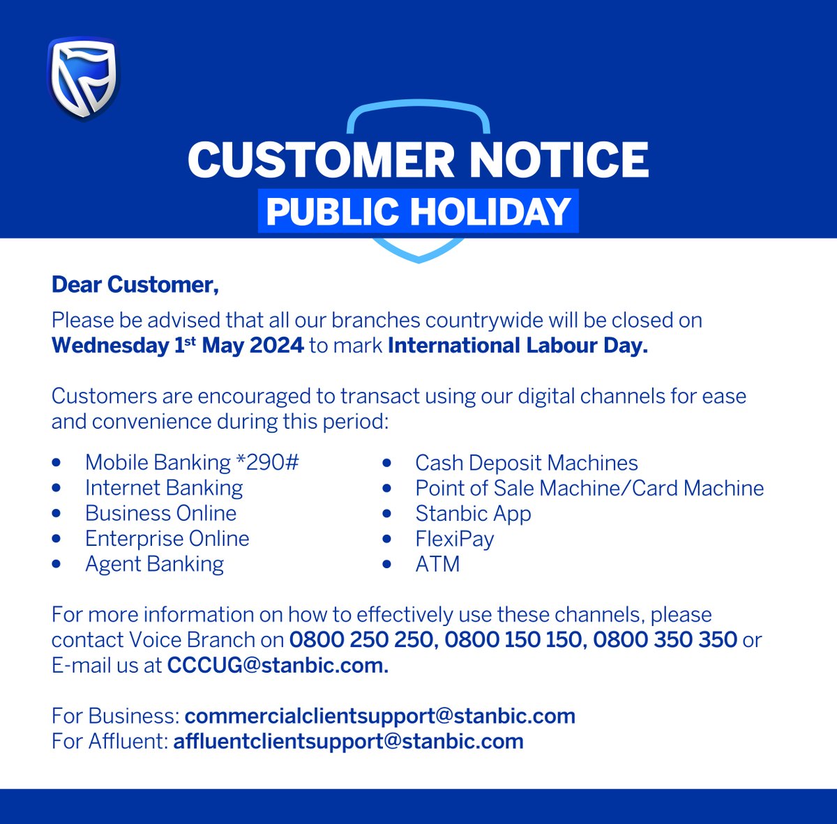 #PublicNotice: Tomorrow,our branches will be closed in observance of International Labour Day. However, customers can still transact using our alternative channels.