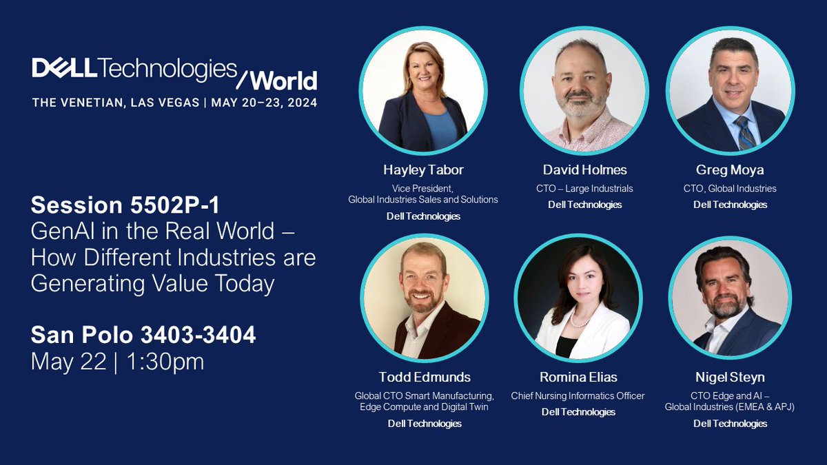 What do all modern industries have in common? All of them will leverage #GenAI to generate new paradigm-shifting customer solutions. Don't miss this industry expert panel at Dell Technologies World - moderated by Hayley Tabor: dell.to/3WE5Rzd #DTWIndustries