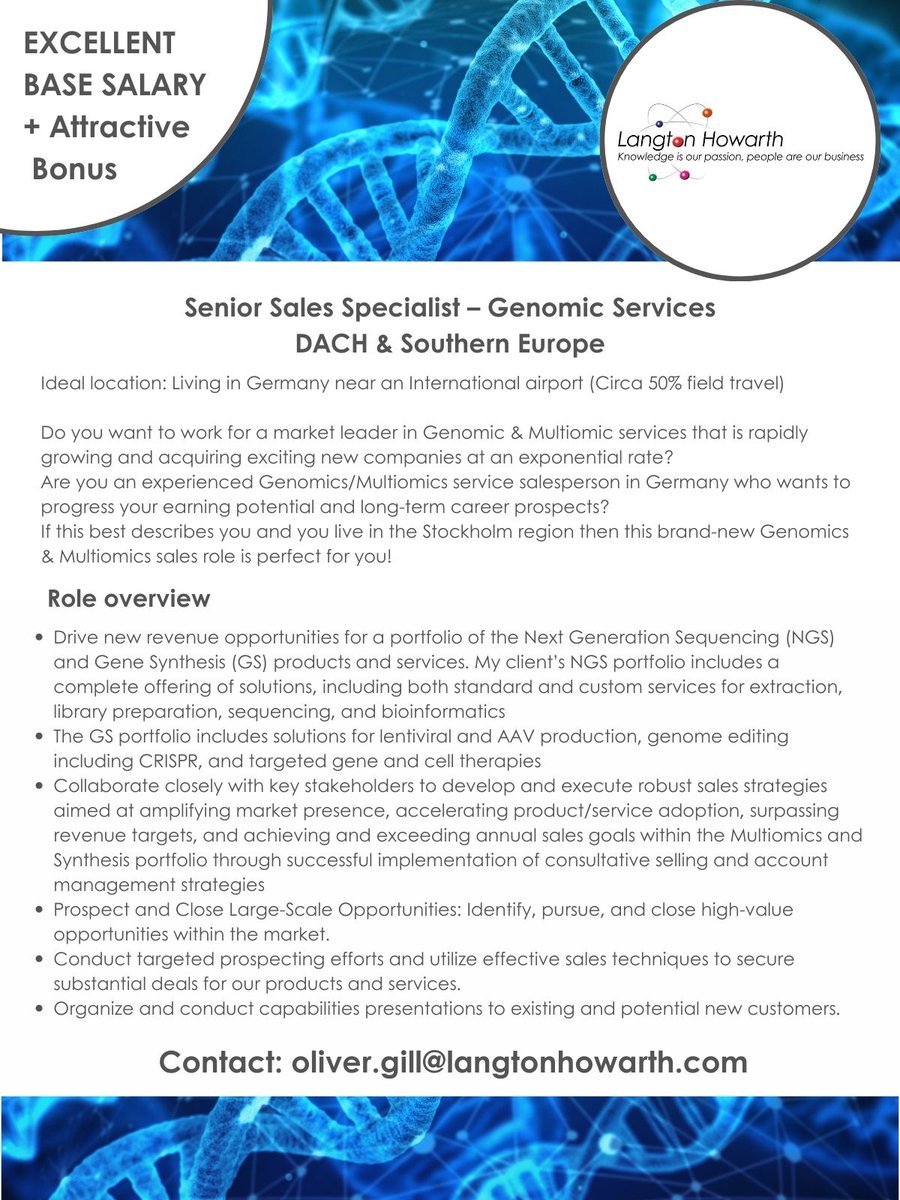 🚩 Senior sales specialist in Genomic services - Germany 🚩 
zurl.co/N1Uy 
#NewChallenge #seniorsales #LangtonHowarth