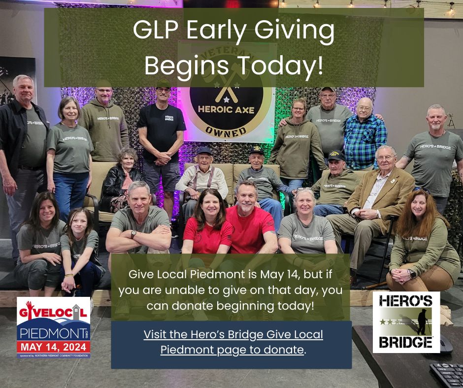 Give Local Piedmont 2024 early giving begins today! If you are unavailable on May 14 to participate in Give Local Piedmont, you can donate to Hero's Bridge any day between now and then! buff.ly/350Gz18 #givelocalpiedmont2024