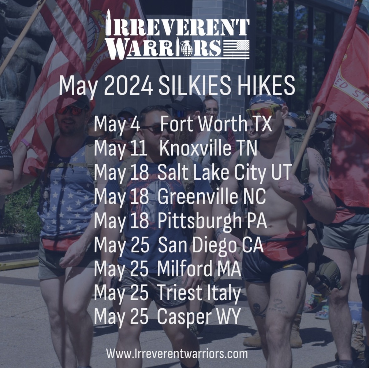 It's gonna be MAY. 😎 New month, new silkies hikes! May is stacked and we are looking forward to visiting NINE different cities. If you haven't registered for one of these hikes and you want to attend, make sure to visit our website to do so. > irreverentwarriors.com/events/