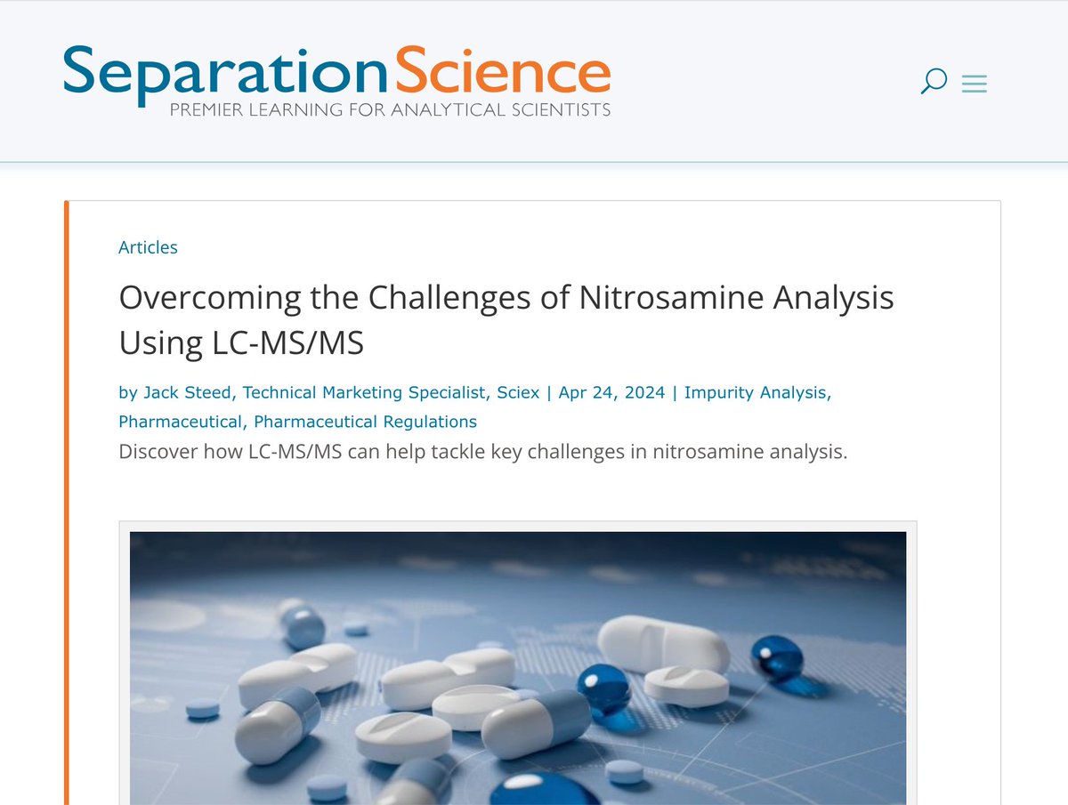 #Article: Discover how LC-MS/MS can help tackle key challenges in nitrosamine analysis in this #SeparationScience article from #TeamSCIEX member and Technical Marketing Specialist Jack Steed! 🧑‍🎓 Learn more 👉 bit.ly/3JG2907