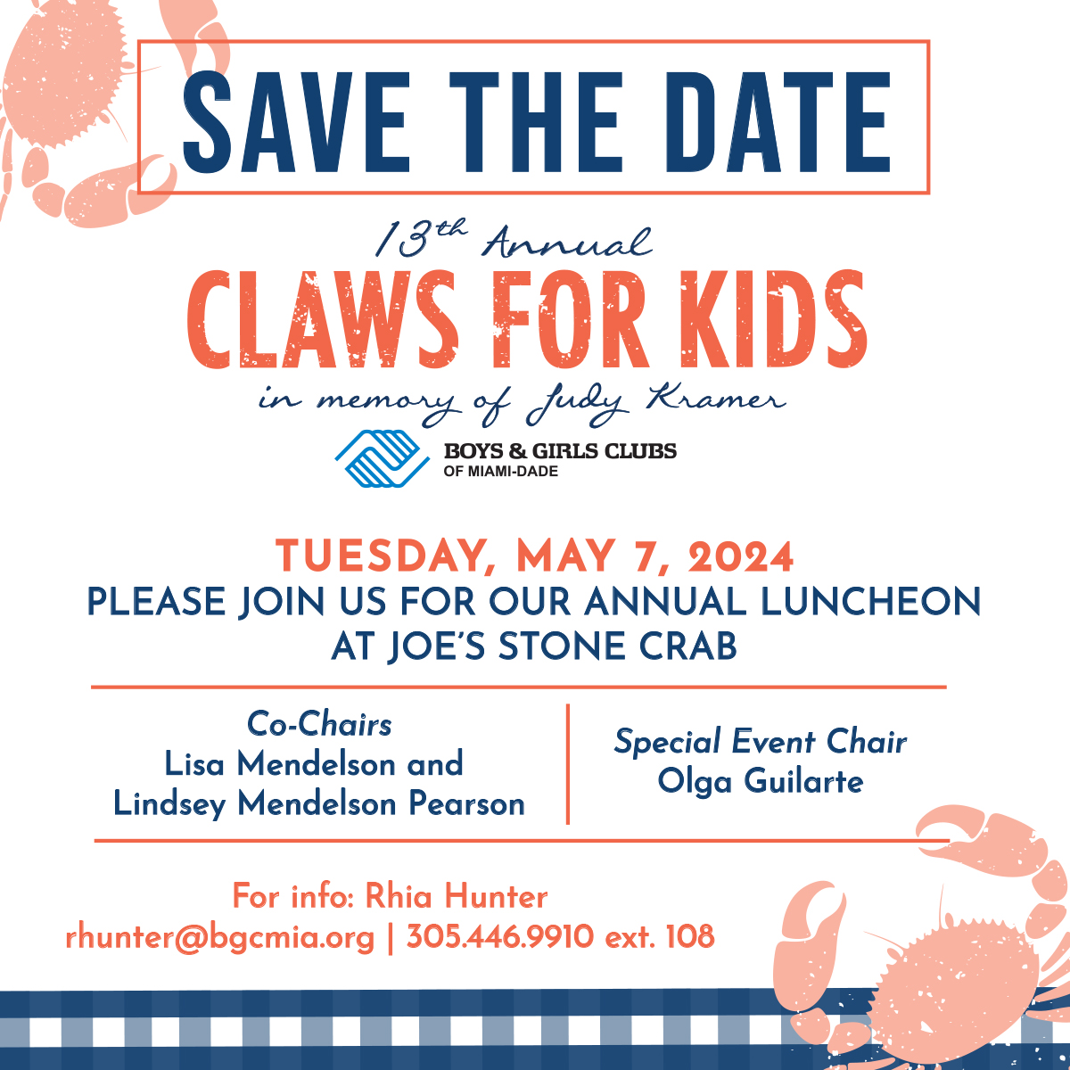 The Annual 'Claws for Kids' in memory of Judy Kramer will take place at @joesstonecrab on May 7. Proceeds will benefit #BGCMIA's crucial programs. These programs help children realize their full potential as productive, caring and responsible citizens. bit.ly/3tEqpvm