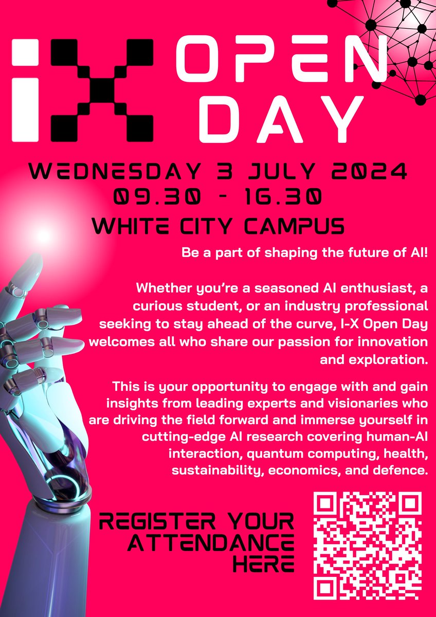 Join @ImperialX_AI Open Day at @WCIDLondon ! Engage with leading experts and visionaries shaping the future of #AI, and gain insights into the ground-breaking advancements driving the field forward. 📅July 3 ⏰9:30 Start | 16:30 Finish Reserve now 👉ix.imperial.ac.uk/event/i-x-open…