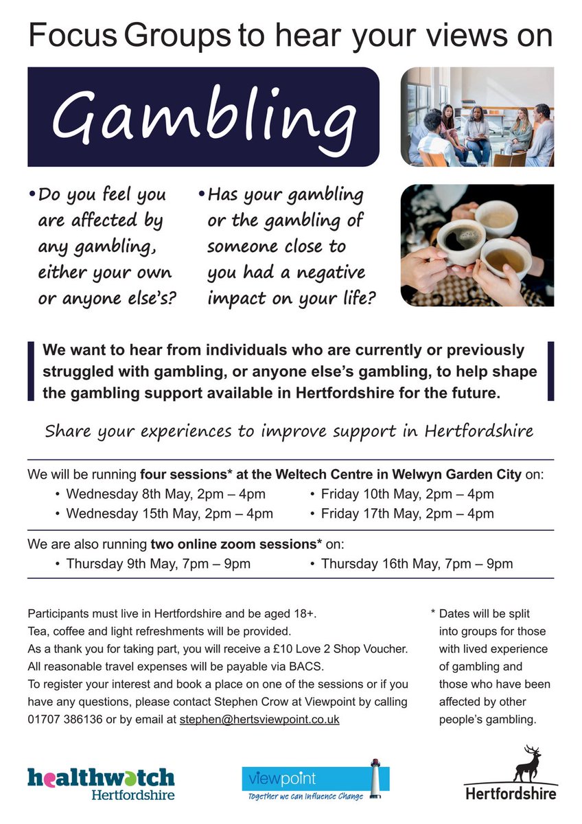Live in Hertfordshire? We want to hear from you! If gambling has impacted you or someone close, your views can shape better support services. Join the focus groups to make a real difference. Check out the poster for details. #Hertfordshire #SupportServices #GamblingAwareness
