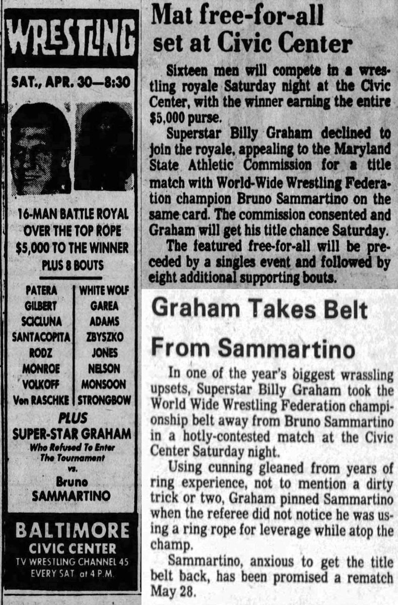 On April 30, 1977 Superstar Billy Graham defeated Bruno Sammartino to win the WWWF title