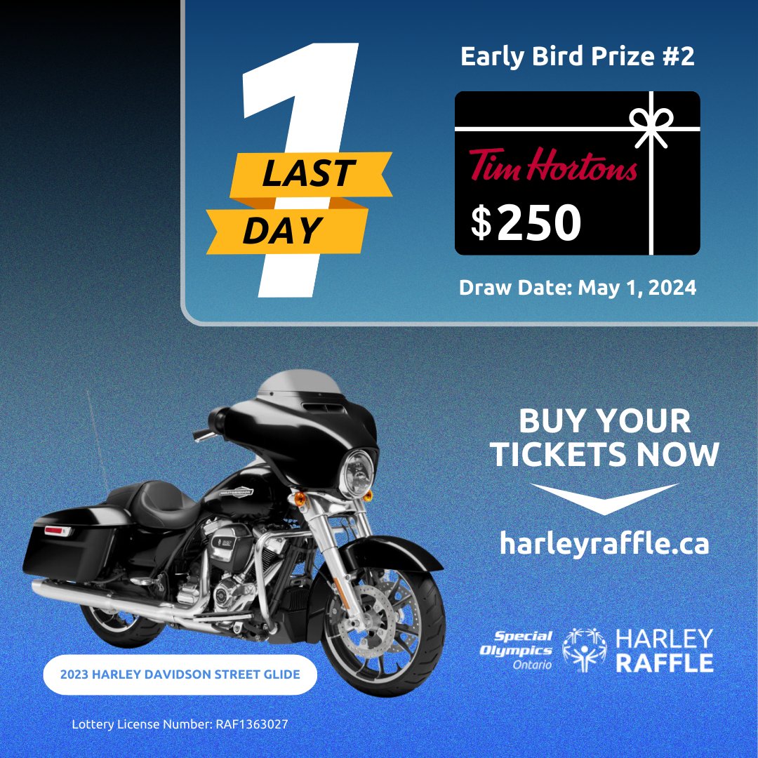 Tomorrow we draw another Early Bird Prize winner! Do you have your Harley Raffle tickets yet? Visit harleyraffle.ca to purchase.