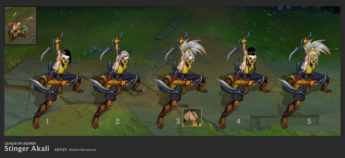 Os conceitos de algumas skins da Akali mostram alguns rabos de cavalo mais longos e escorridos e até mesmo o uso de acessórios a mais. Além de lá no começo já ter cogitado cabelos diferentes. Isso só prova que sua silhueta pode mudar um pouco, trazendo inovação e detalhes.