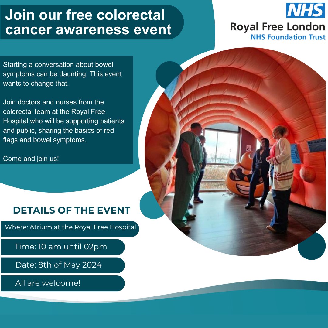 Join us for a free colorectal cancer awareness event in the Atrium at the Royal Free Hospital on Wednesday 8 May from 10am to 2pm. The event is open to the public, patients and staff. Learn more on our website 👇 royalfree.nhs.uk/about-us/event…