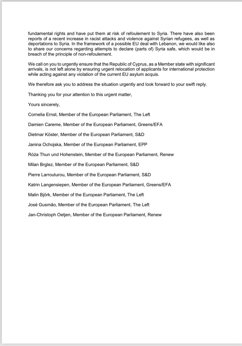 Cornelia Ernst (@ernstcornelia) on Twitter photo We wrote to <a href="/YlvaJohansson/">Ylva Johansson</a> and <a href="/MargSchinas/">Margaritis Schinas</a> to express our serious concerns over #Cyprus suspending all asylum procedures for Syrians after arrivals from #Lebanon. This is a violation of the right to #asylum! <a href="/EU_Commission/">European Commission</a> must act for Cyprus to revoke this decision immediately. We wrote to <a href="/YlvaJohansson/">Ylva Johansson</a> and <a href="/MargSchinas/">Margaritis Schinas</a> to express our serious concerns over #Cyprus suspending all asylum procedures for Syrians after arrivals from #Lebanon. This is a violation of the right to #asylum! <a href="/EU_Commission/">European Commission</a> must act for Cyprus to revoke this decision immediately.