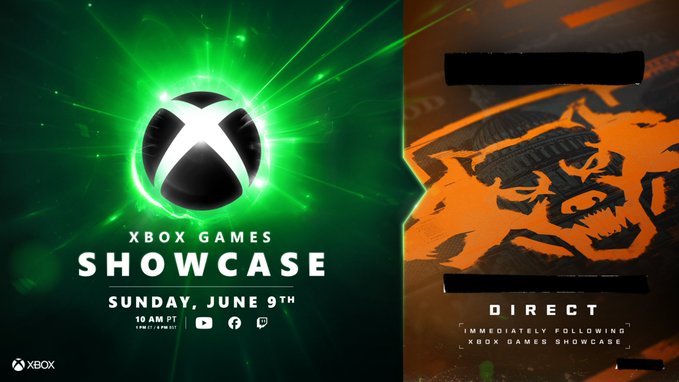 On the left side of the image a burst of green energy and light is shown behind the Xbox nexus. Text reads: "Xbox Games Showcase. Sunday, June 9th. 10am PT. 1pm ET. 6pm BST. The YouTube, Facebook, and Twitch logos are shown. On the right side of the image a black gray and orange logo consisting of three dog heads is shown. Black boxes cover redacted text. Text visible reads: "Direct. Immediately Following Xbox Games Showcase"