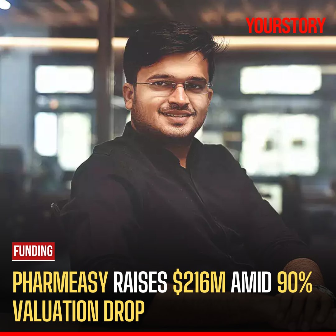 💼 Company: @pharmeasyapp 💸 Funding: $216 million 👥 Investors: Manipal Education and Medical Group (MEMG) and other existing investors. The new funding has resulted in the company's valuation having fallen by 90% since it peaked.  Read more at 👇 yourstory.com/2024/04/fundin……