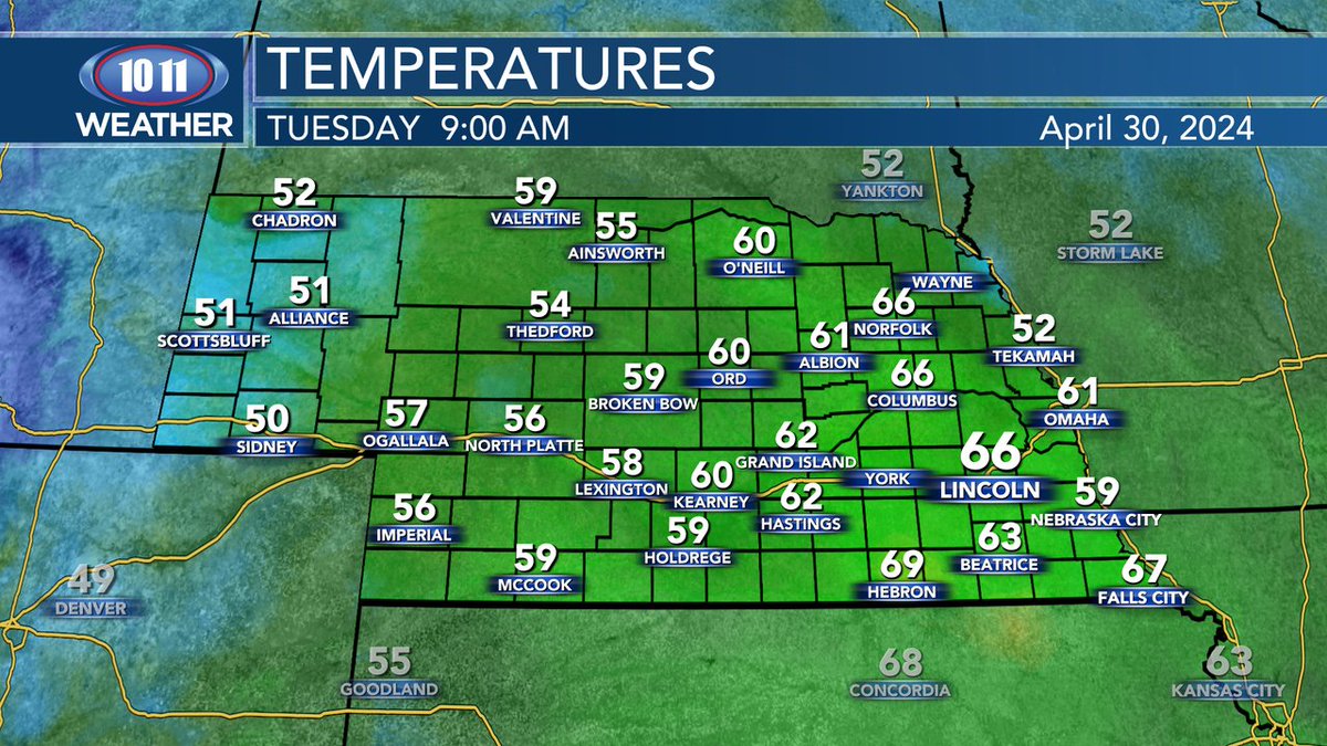 Here are the 9 AM temperatures across Nebraska.