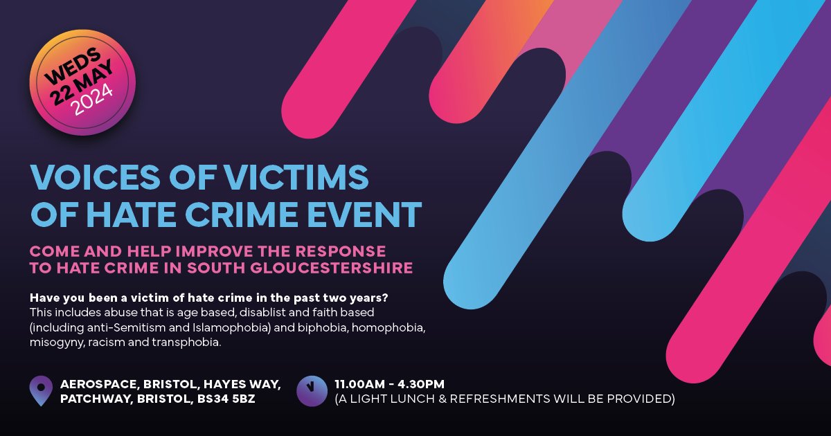 Have you been a victim of hate crime in #SouthGlos in the last two years? We are holding a 'voices of victims' discussion on 22 May and want to hear from people who have experienced abuse, threats or attacks because of who they are. Email CommunitySafetyTeam@southglos.gov.uk.