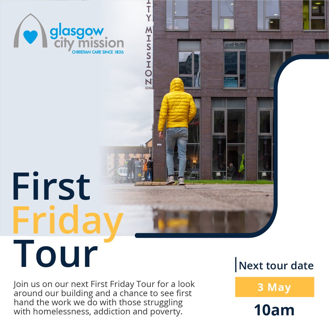 Still tickets remaining for our First Friday tour on Friday. Come and find out more about what happens at Glasgow City Mission and how we support those affected by homelessness, addiction, and poverty. eventbrite.co.uk/e/first-friday…