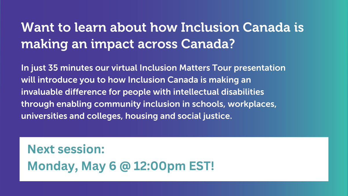 Our next Inclusion Matters Tour is on May 6 at 12 PM EST! In just 35 minutes, learn how Inclusion Canada is making a difference for people with intellectual disabilities through personal stories. Please join us and share. Sign up for the free tour: bit.ly/3xZ16pf