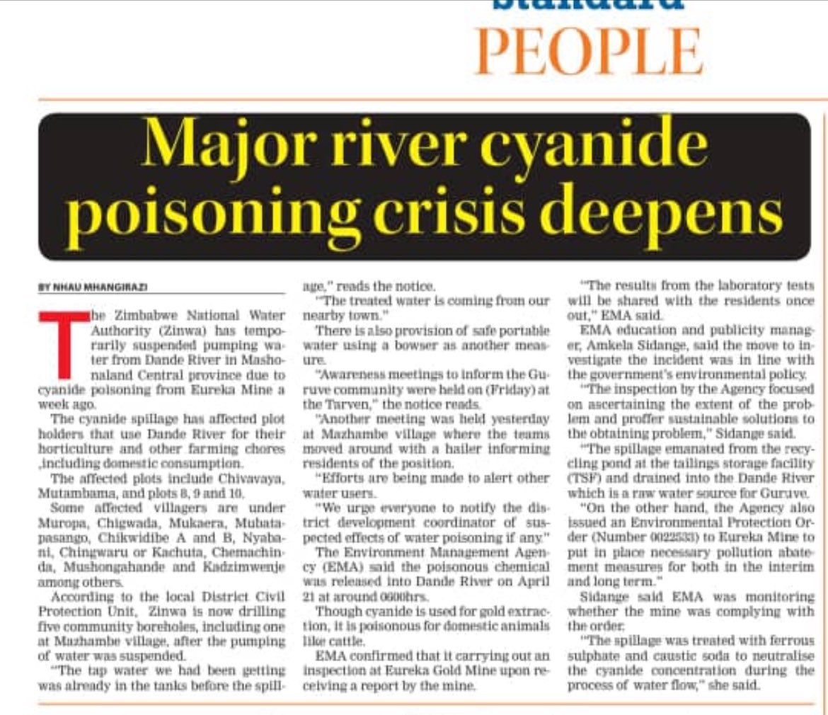 🧨🧨🧨GURUVE residents are now drinking water from bowsers following the contamination of their major water source, Dande River as a result of an accidental cyanide spillage at Eureka Gold Mine in Guruve Mashonaland Central province. EMA whats the update??@EMAeep @daddyhope