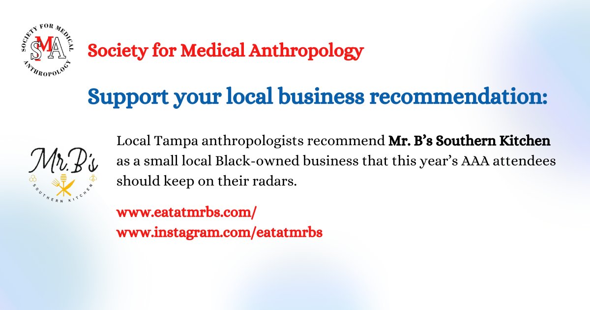 This month, we partnered with the Society for Medical Anthropology (SMA, @SocMedAnthro) to provide a few resources recommended by SMA Board members. As we wrap up the month of April, here is a business SMA is supporting - Mr. B's Southern Kitchen! ow.ly/qOQj50RcGs1