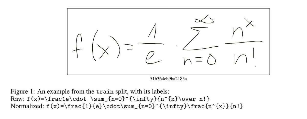 'MathWriting: A Dataset For Handwritten Mathematical Expression Recognition' with Latex labels extracted from Wikipedia (Gervais et al, 2024) arxiv.org/pdf/2404.10690 Full dataset (2.9 GB): storage.googleapis.com/mathwriting_da… code: github.com/google-researc…
